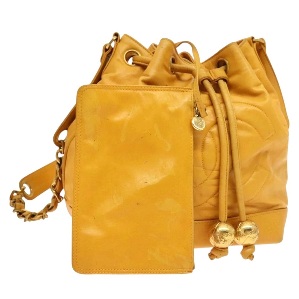 Authentic CHANEL yellow lambskin bucket bag with wallet pouch